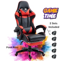 Scaun Gaming Ergonomic KD Home® ShadowStrike X2, 2 Seturi Roti Incluse, din Piele Ecologica, Suport Picioare, Suport Lombar, Perna Tetiera, Spatar Rabatabil 165°, Pana la 140 kg, Mecanism Tilt, Rosu