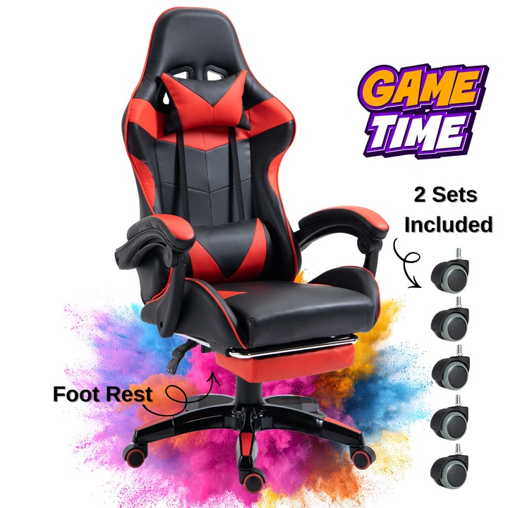 Ергономичен офис стол KD Home ShadowStrike X2, червен, екологична кожа, накланяща се облегалка, до 140 кг, включени 2 комплекта колела