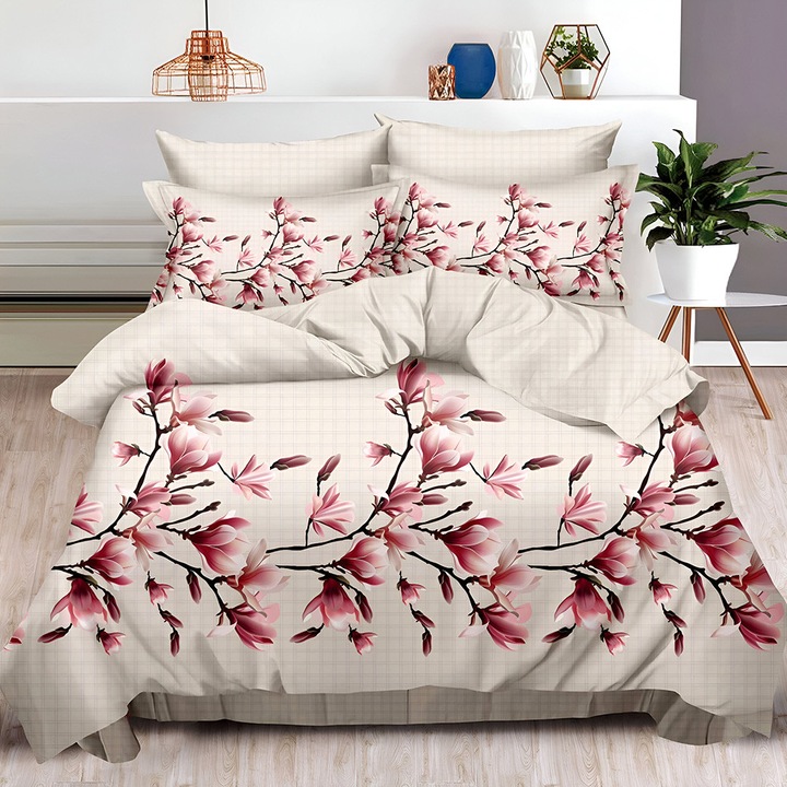 Спален комплект EmonaMall S17914, Ластик, Двулицев, 4 калъфки, 6 части, Бежов/Розов