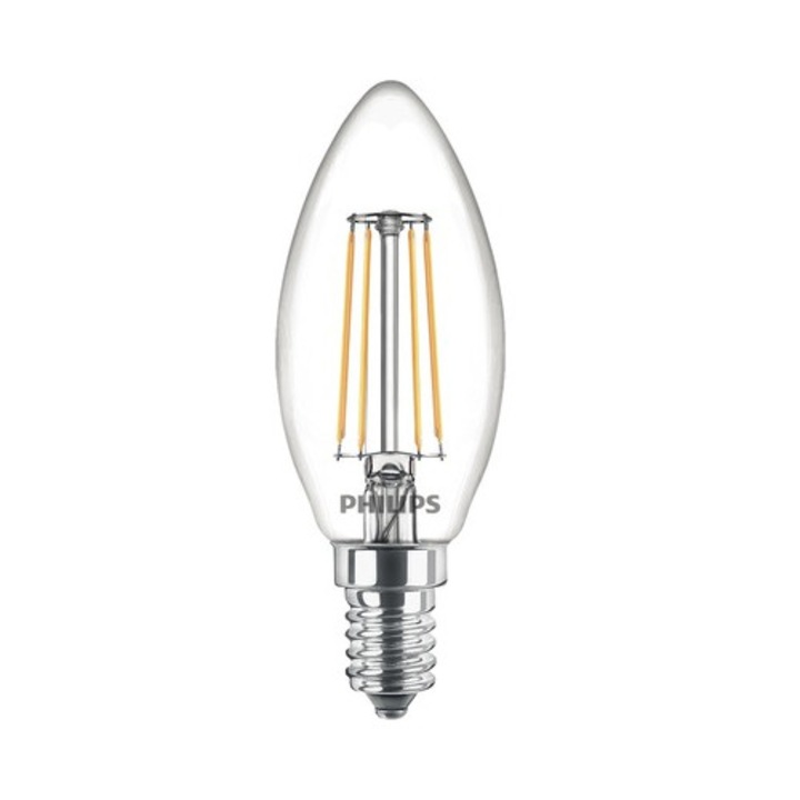 Bec LED Philips E14 6, 5W 806 lumeni, glob clar lumanare, lumina calda