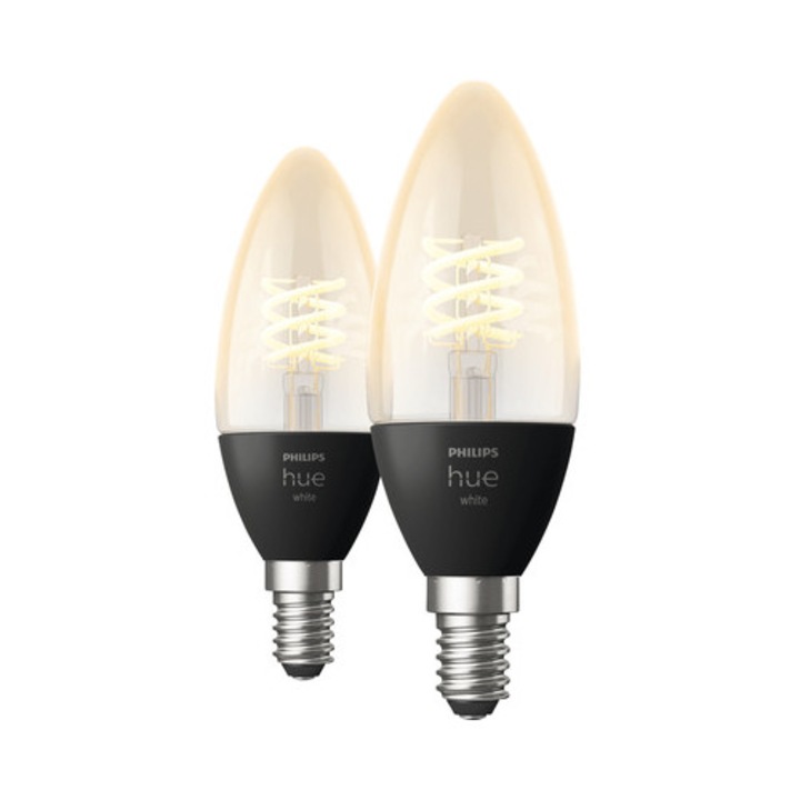 Becuri vintage LED variabile Philips Hue E14 4, 5W, glob lumanare, durata de viata 15.000 h, Bluetooth, 2 bucati