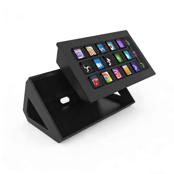 Consola streaming stream deck, asskanaer, Stream deck, 15 butoane personalizabile, Suport de birou, Panou tactil sensibil pentru control rapid al functiilor, Pentru streaming, Gaming si productivitate, ABS, Silicon, 13.1*8.02*5.55 cm, Negru