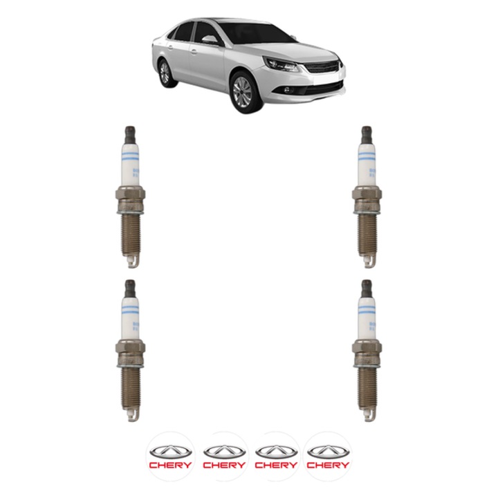 Set 4 Bujii Scanteie CHERY ARRIZO 7 1.6 126 CP din 2013, bujie motor, Bosch, 4x Stickere auto cu CHERY