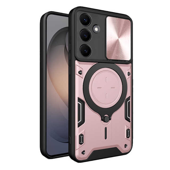 Калъф Husa Tough Metal CamShield за Samsung Galaxy S26, Хибридна броня, Ултра защита, Противоударна, Метален въртящ се на 360 градуса пръстен, Розов