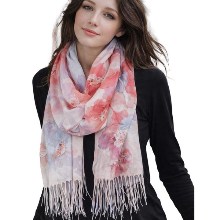 Sal dama multicolor rosu cu imprimeu floral, 180x70 cm, 100% poliester, elegant si versatil-Agrafka unisize