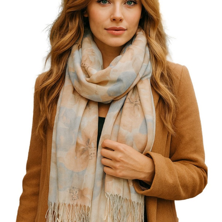 Sal dama multicolor bej cu imprimeu floral, 180x70 cm, 100% poliester, elegant si versatil-Agrafka unisize