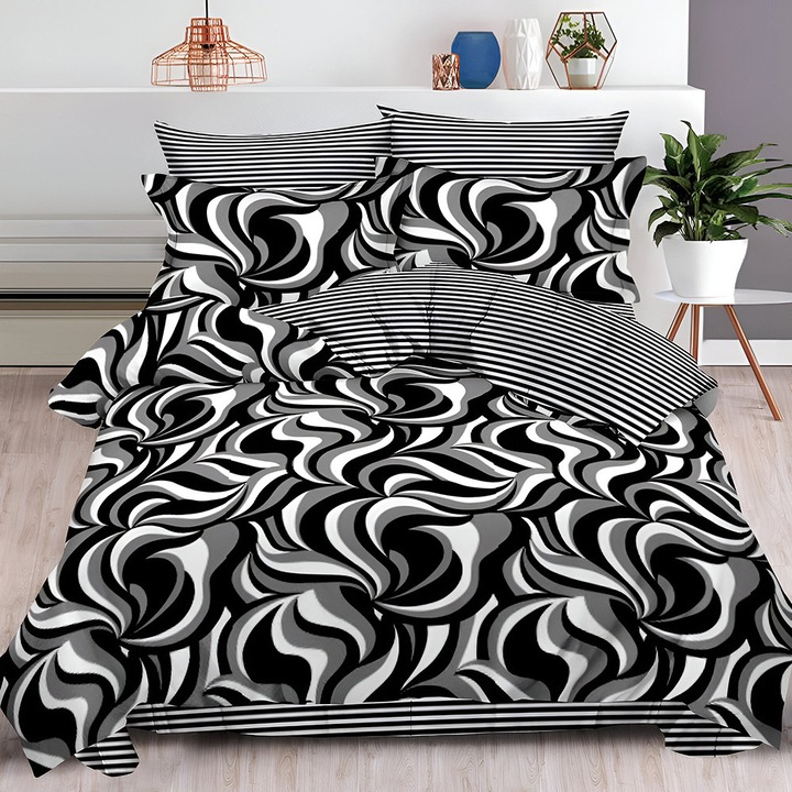 EmonaMall S18528 ágynemű, 6 részes, gumis, kétoldalas, fekete/szürke