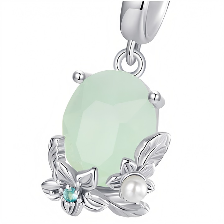 Charm 925, Cristal Verde Pastel, 23x10,3mm, cu Floare si Perla, Trusky