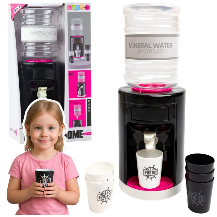 Dispenser de apa pentru copii, LEAN Toys, cu efecte de lumina si sunet, set cu 6 pahare, roz, 34x19x12cm