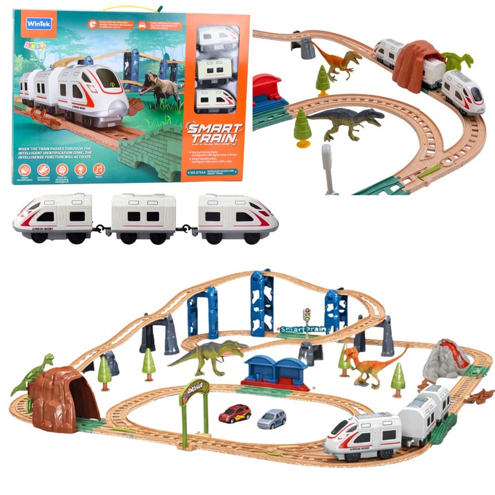 Set tren electric Dinosaurus Park, LEAN Toys, 76x63cm, efecte de lumini si sunete, 2 dinozauri, 2 vagoane