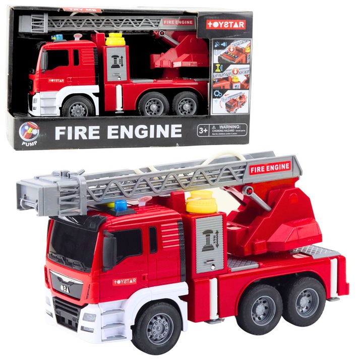Masinuta interactiva de pompieri LEAN Toys, cu functie de apa, sunete si lumini, rosie, 32x18x11cm, set complet cu 3 baterii AG13