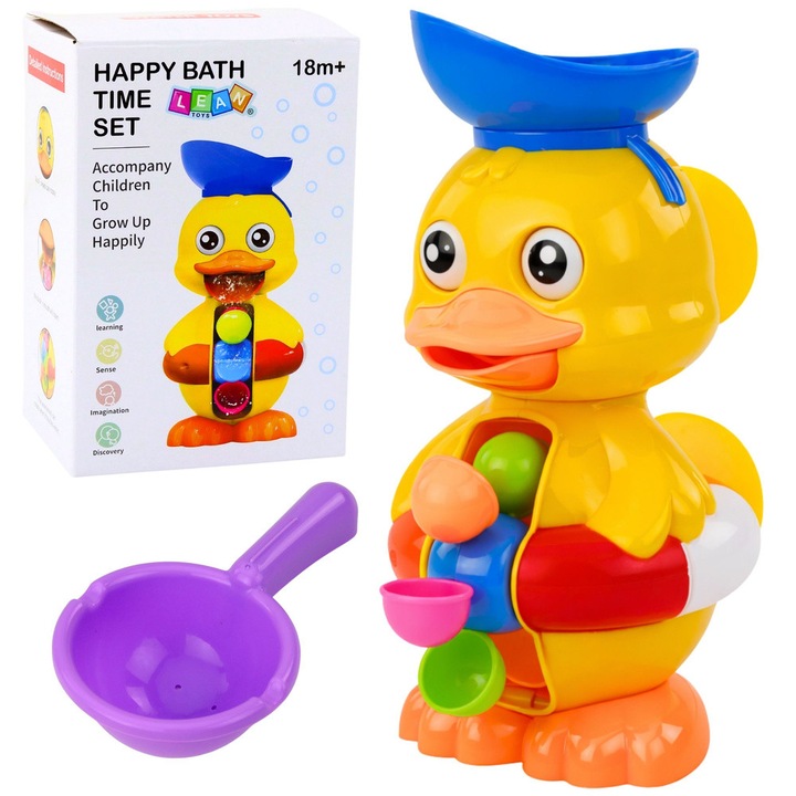 Interaktív fürdőjáték, LEAN Toys, vízi mechanizmusos kacsa, többszínű, 23x15x11cm, kanál szettel