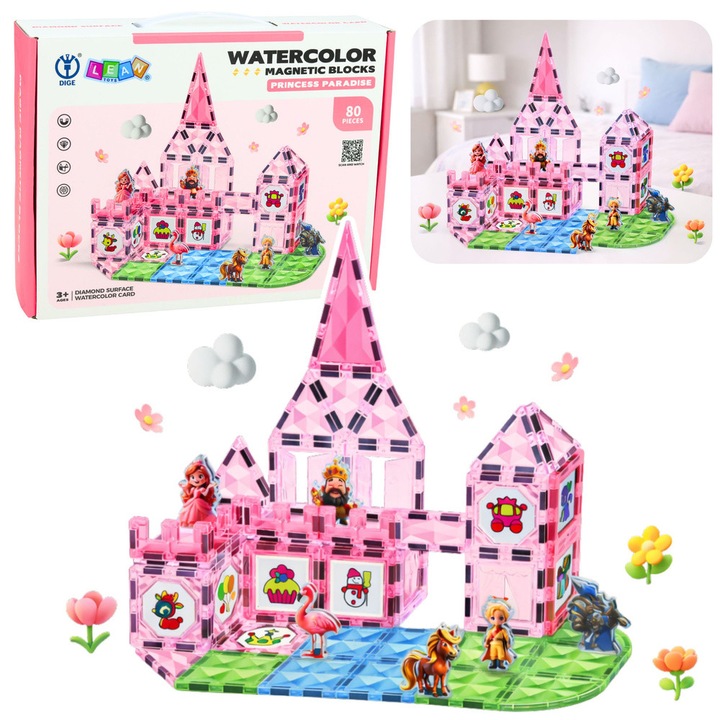 Set de blocuri magnetice LEAN Toys, castel printesa, 80 piese, pastel, 28x21x7.5cm