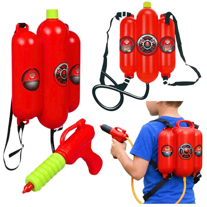 Set rucsac cu rezervor de apa si pistol de pompier, LEAN Toys, dimensiuni 30x21x10cm, ajustabil