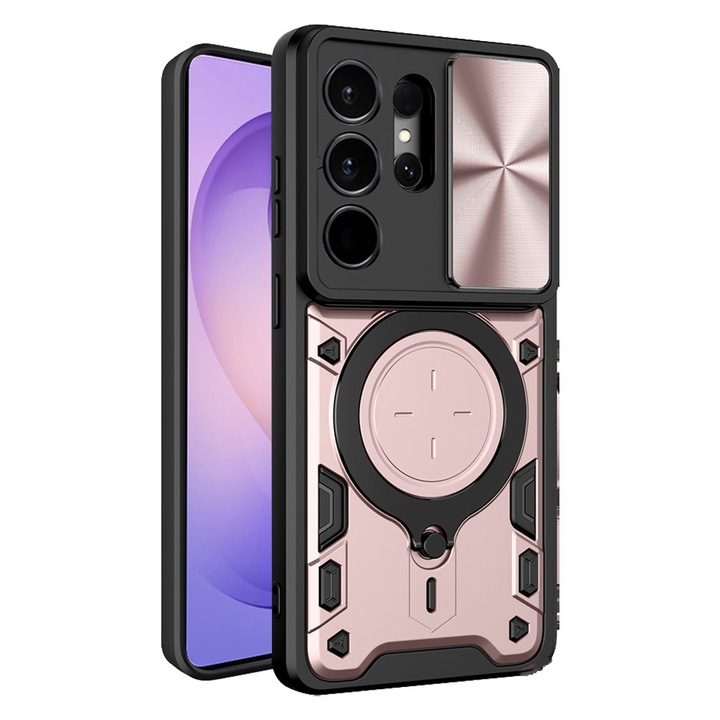 Калъф Husa Tough Metal CamShield за Samsung Galaxy S26 Ultra, Хибридна броня, Ултра защита, Противоударна, Въртящ се на 360 градуса метален пръстен, Розов