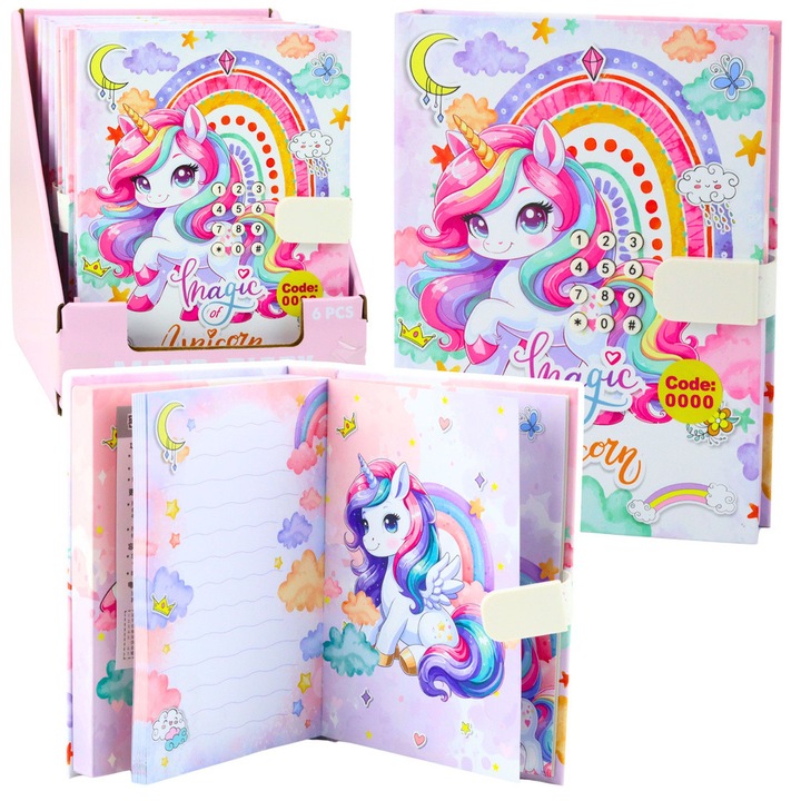 Jurnal pentru copii, LEAN Toys, unicorni, inchidere cu cod, pagini colorate, 20,5x15,5x4cm