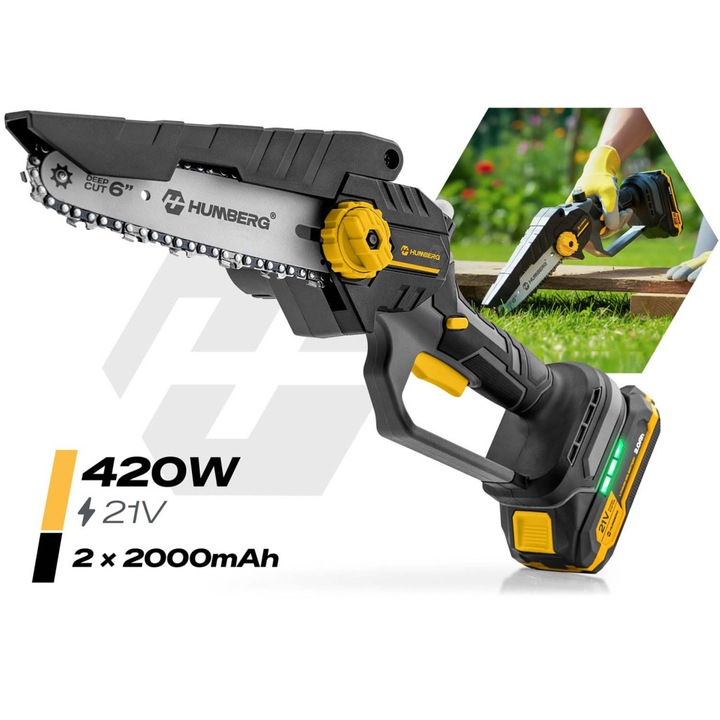 Humberg HM-421 mini láncfűrész, 2 db 21V akkumulátorral, 6" (15 cm), 420W, komplett készlet