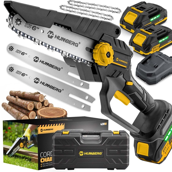Humberg HM-421 mini láncfűrész, 2 db 21V akkumulátorral, 6" (15 cm), 420W, komplett készlet