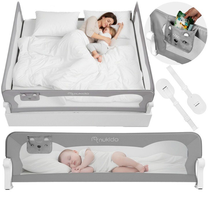 Bariera de siguranta pentru pat, 200 cm, Nukido, gri, structura din metal, usor de montat