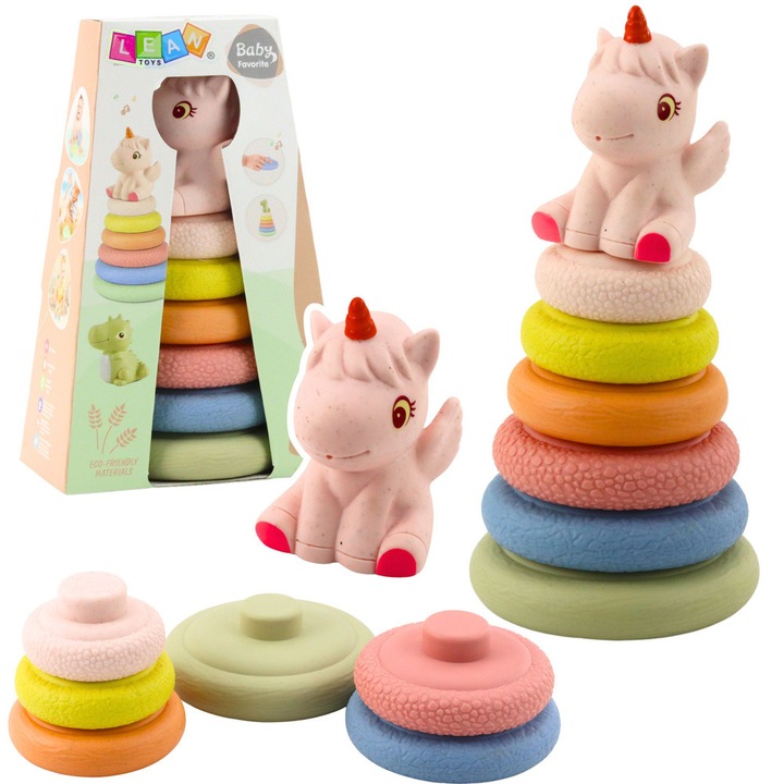 LEAN Toys puha gumi szenzoros piramis, unikornis téma, 6 karikás készlet, mérete 18x9cm