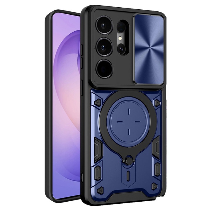 Удароустойчив калъф Husa Tough Metal CamShield за Samsung Galaxy S26 Ultra, Хибридна броня, Ултра защита, Противоударна, 360-градусов метален въртящ се пръстен, Син