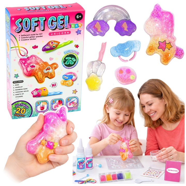 Set creativ pentru copii, LEAN TOYS, kit bijuterii din gel, tema unicorn, efect fosforescent, 17.5x11.5x4cm