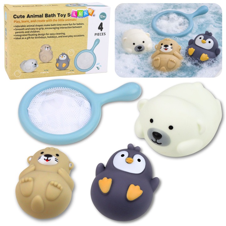 Fürdőjáték szett, LEAN Toys, 4 darabos, gumi állatok, pasztell színek, háló a l o z a t