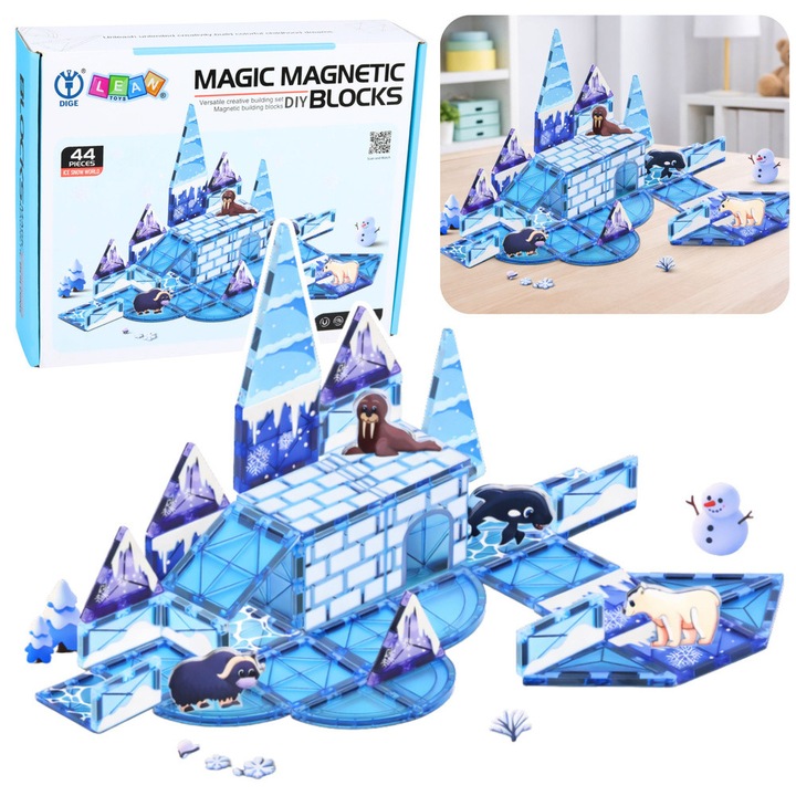 Set de blocuri magnetice LEAN Toys Ice Land, 44 piese, animale arctice, culoare albastra, dimensiuni 24.5x20cm