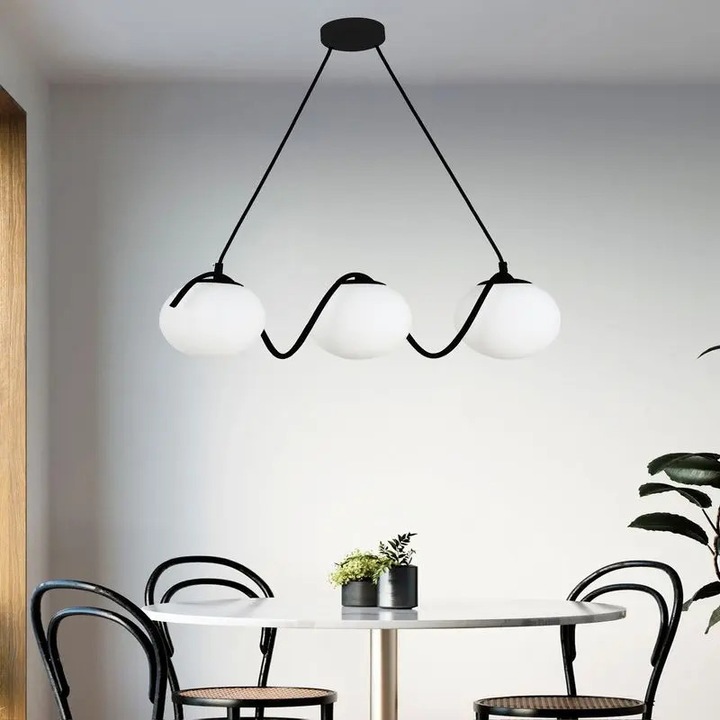 Lustra suspendata moderna, 3 globuri albe, dulie E27, corp negru, inaltime reglabila