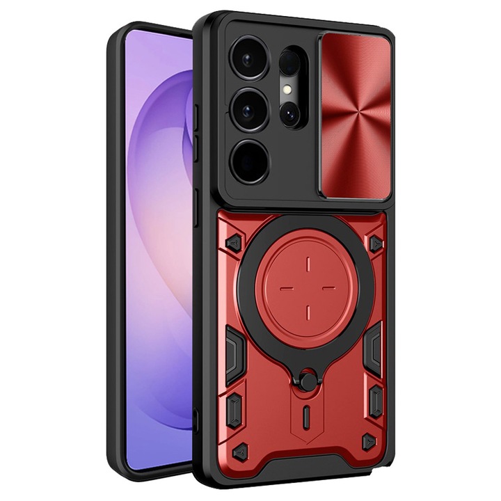 Калъф Tough Metal CamShield за Samsung Galaxy S26 Ultra, Хибридна броня, Ултра защита, Противоударен, Метален въртящ се на 360 градуса пръстен, Червен