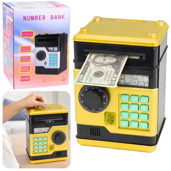 Elektronikus széf ATM, LEAN Toys, arany modell, mérete 19.5x13x12cm, hangokkal és fényekkel, személyre szabható PIN kóddal