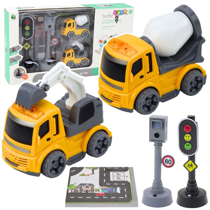 Set educativ cu semafoare, LEAN Toys, lumini si sunete, covor 57x44cm, vehicule de constructie