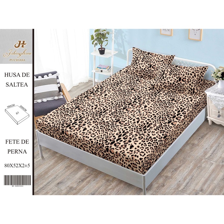 Husa de pat, 2 persoane, cu elastic 180x200 cm, imprimeu animal print