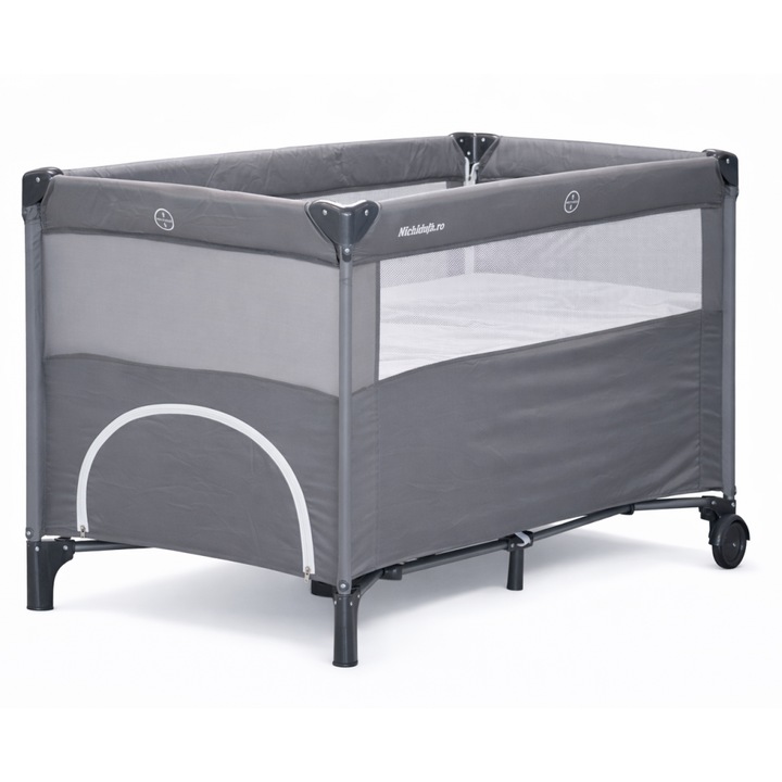 Patut pliabil pentru copii Nichiduta Grey, laterala culisanta, doua nivele, cadru din otel, material poliester 210D, roti cu frana, buzunar lateral, dimensiune 125 x 65 x 77 cm, geanta de transport inclusa