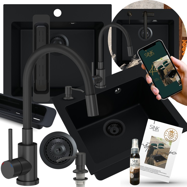 Set chiuvetă granit negru mat cu baterie, sifon și dozator, 50x45x19,5cm - Sink Quality