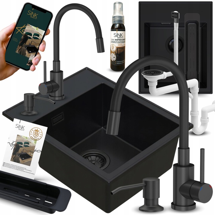 Chiuveta granit 50cm, Sink Quality, negru mat, set cu baterie si dozator