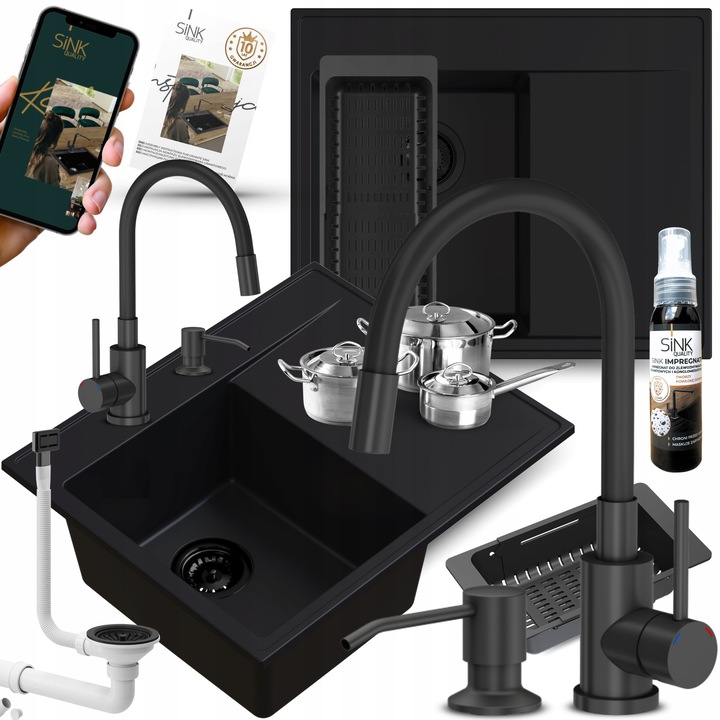 Chiuveta bucatarie granit cu dozator si baterie, Sink Quality, set 10 in 1, negru, 60x50x21cm