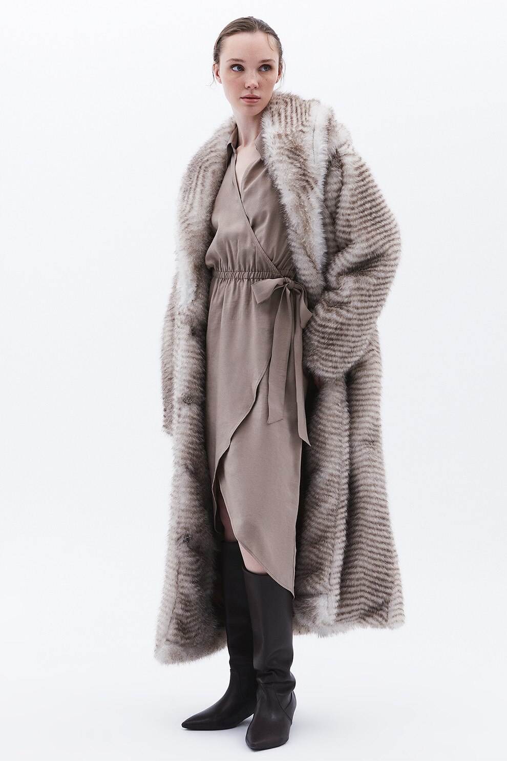 OXXO, Rochie-camasa din amestec de modal cu decolteu in V, Maro taupe deschis, S