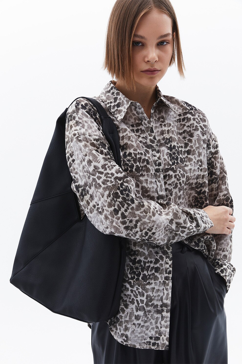 OXXO, Camasa din amestec de modal cu animal print, Alb murdar, Gri antracit, XS