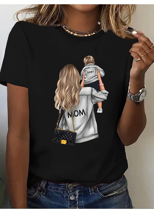 Tricou dama Mama si baiatul ei, Mom Love, casual, de zi cu zi, confortabil, usor cambrat, Negru