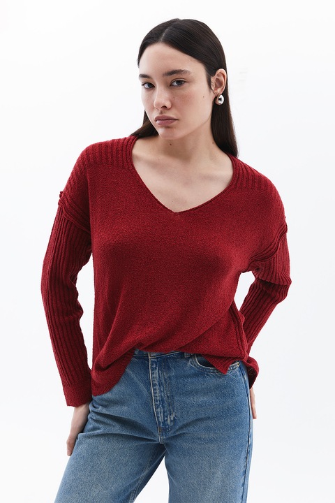 OXXO, Pulover lejer cu decolteu in V, Rosu inchis, One Size