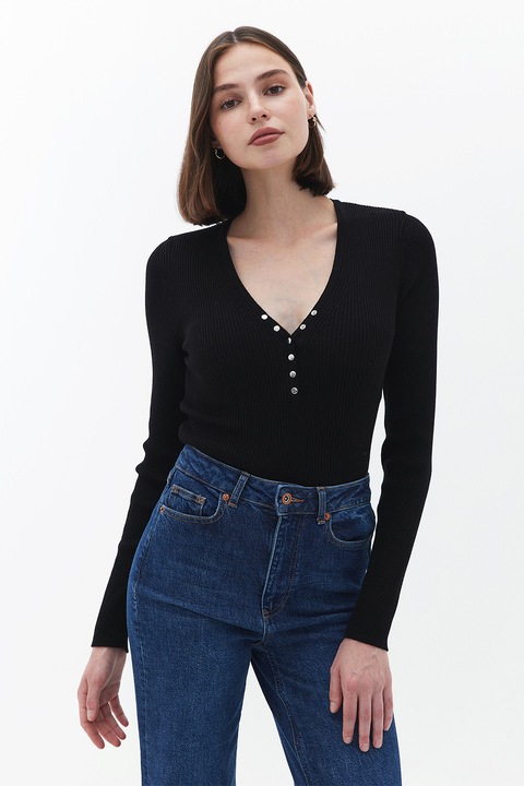 OXXO, Pulover striat cu decolteu in V, Negru