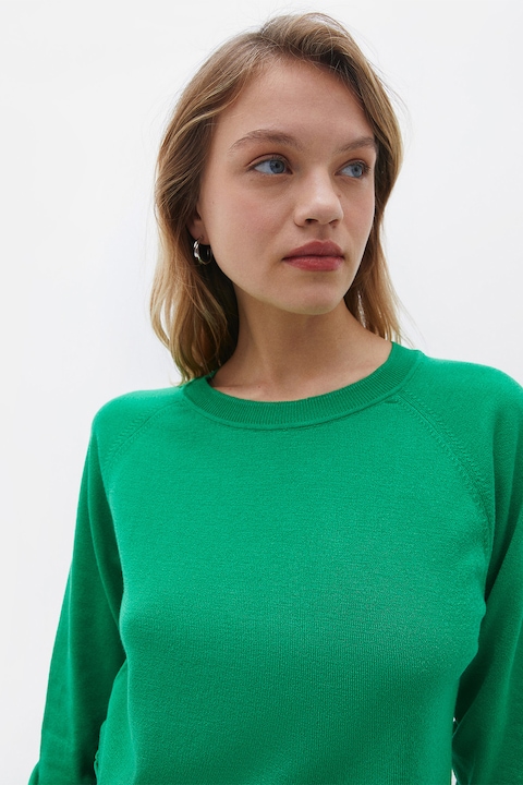 OXXO, Pulover tricotat fin cu decolteu la baza gatului, Verde aquamarin