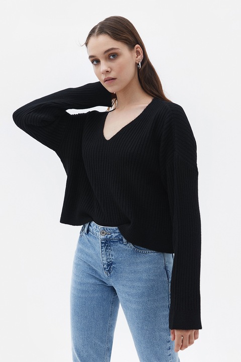 OXXO, Pulover lejer cu decolteu in V, Negru, One Size