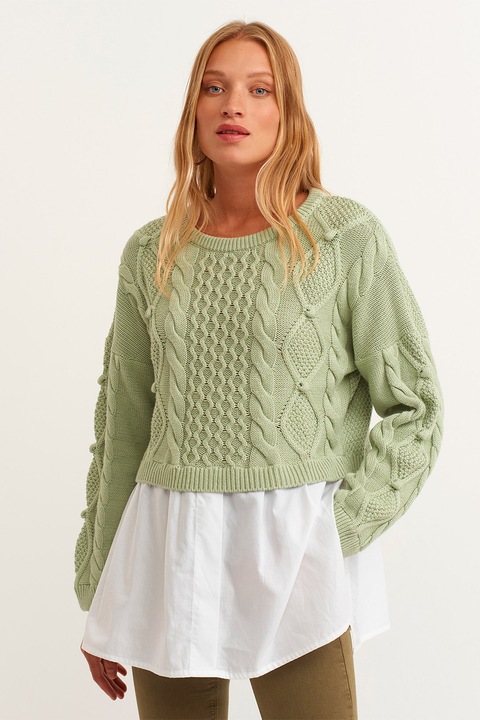 OXXO, Pulover combi cu model torsade, Alb/Verde pal