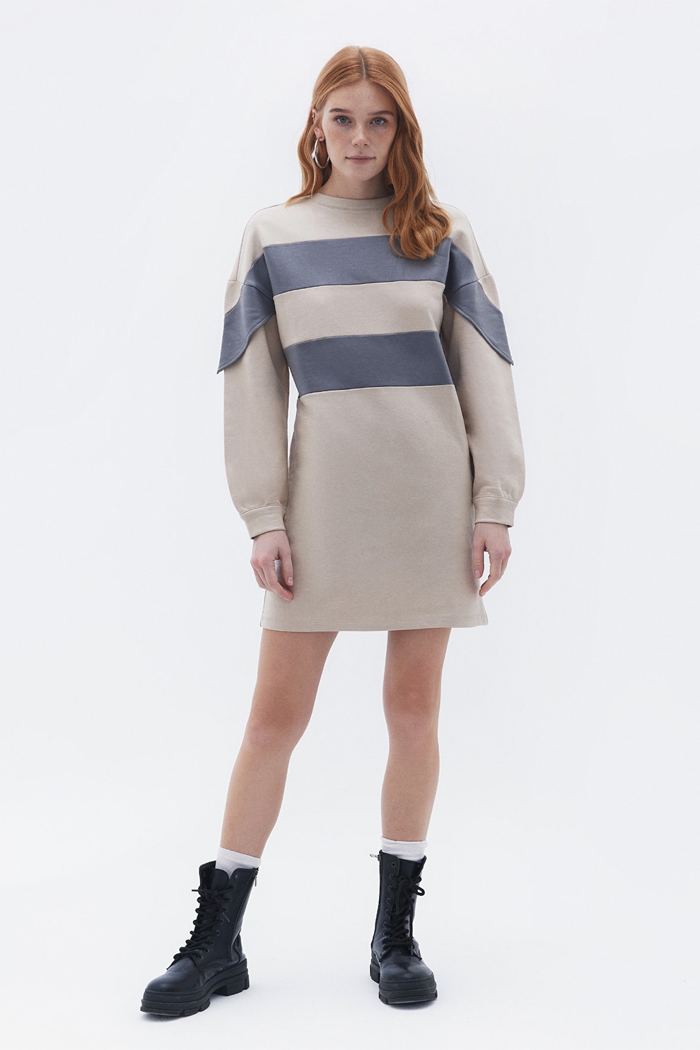 OXXO, Rochie-bluza de trening din bumbac, Gri carbune, Maro camel, L