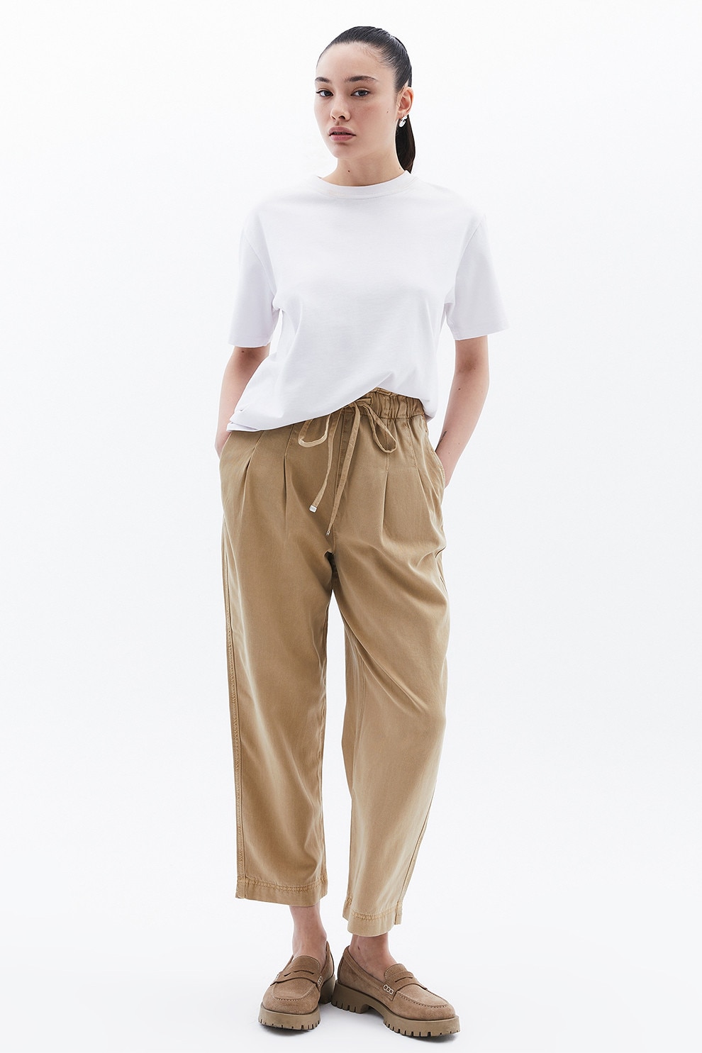 OXXO, Pantaloni relaxed fit din amestec de lyocell cu snur de ajustare in talie, Maro nisip, XS