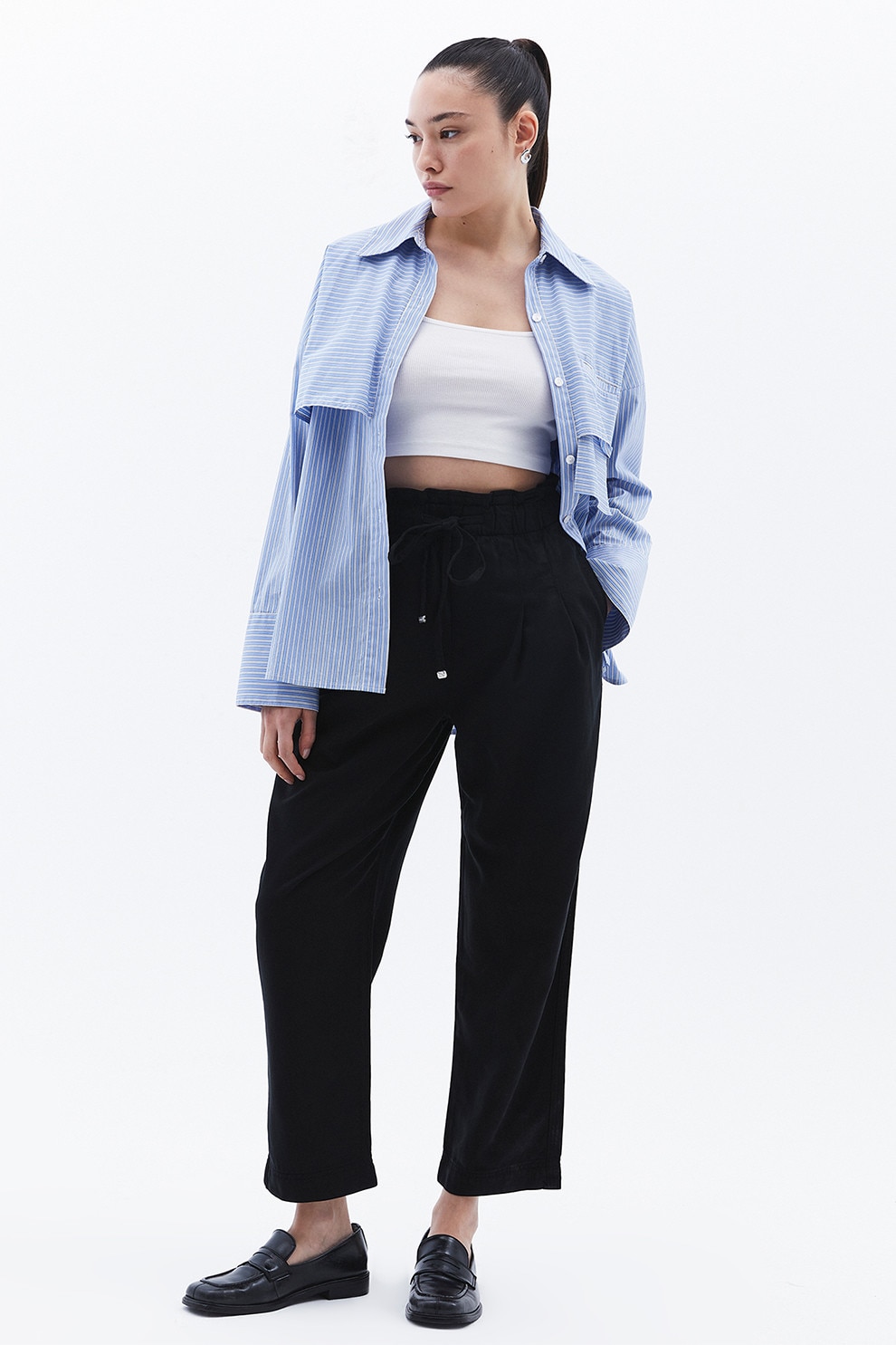 OXXO, Pantaloni relaxed fit din amestec de lyocell cu snur de ajustare in talie, Negru, L