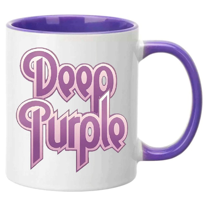 Cana ceramica Deep Purple No.7, 330ml, alb/purpurie, rezistenta la masina de spalat vase, set pentru fani rock