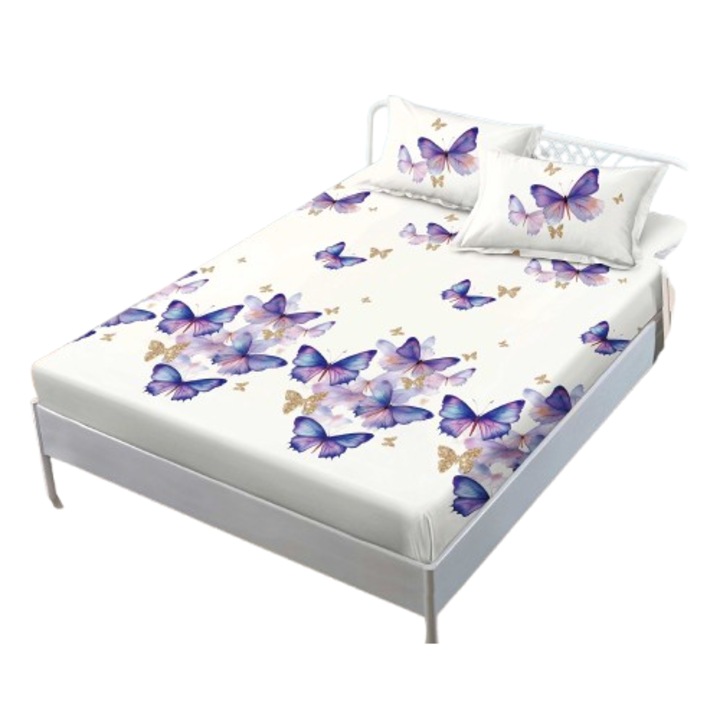 Husa de pat, 2 persoane, cu elastic 180x200 cm, imprimeu stol de fluturi